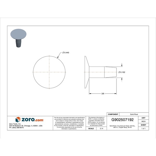 Solid Rivet, Countersunk Head, #10 Dia., 3/8 In L, Copper Body, 64 PK